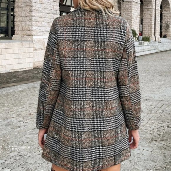 Classy plaid double breast Overcoat Jacket Shacket Coat brown - Picture 4 of 6